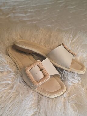 Cristina Francini Leather Neutral Slide Sandals with Woven Buckle Detail Size 9